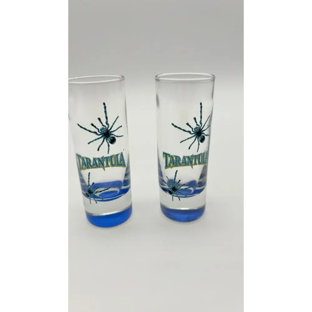 Set Of 2 Tarantula Tequila Shot Glasses Spiders Blue & Clear Very Good Condition